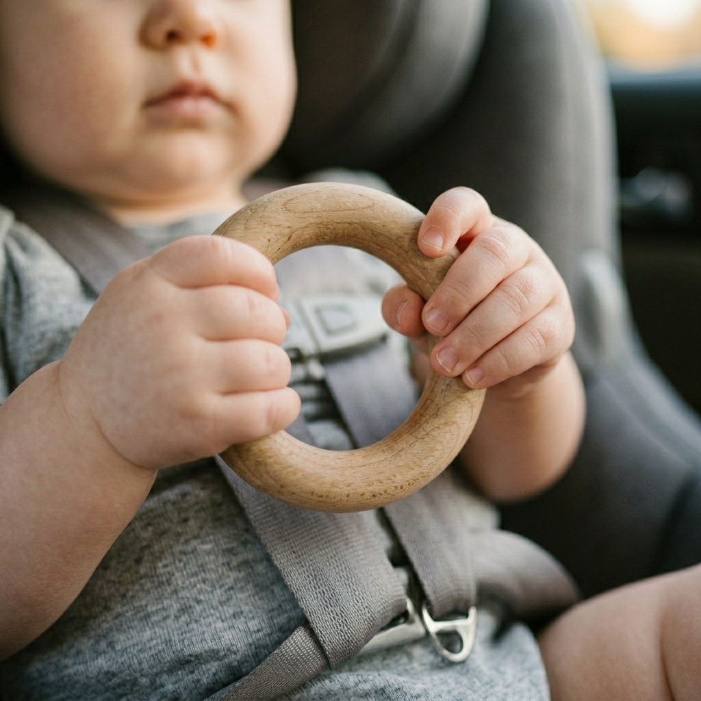 Dziecięce rączki bawiące się drewnianym gryzakiem w samochodowym foteliku, symbolizujące komfortowe akcesoria dla niemowląt w podróży.