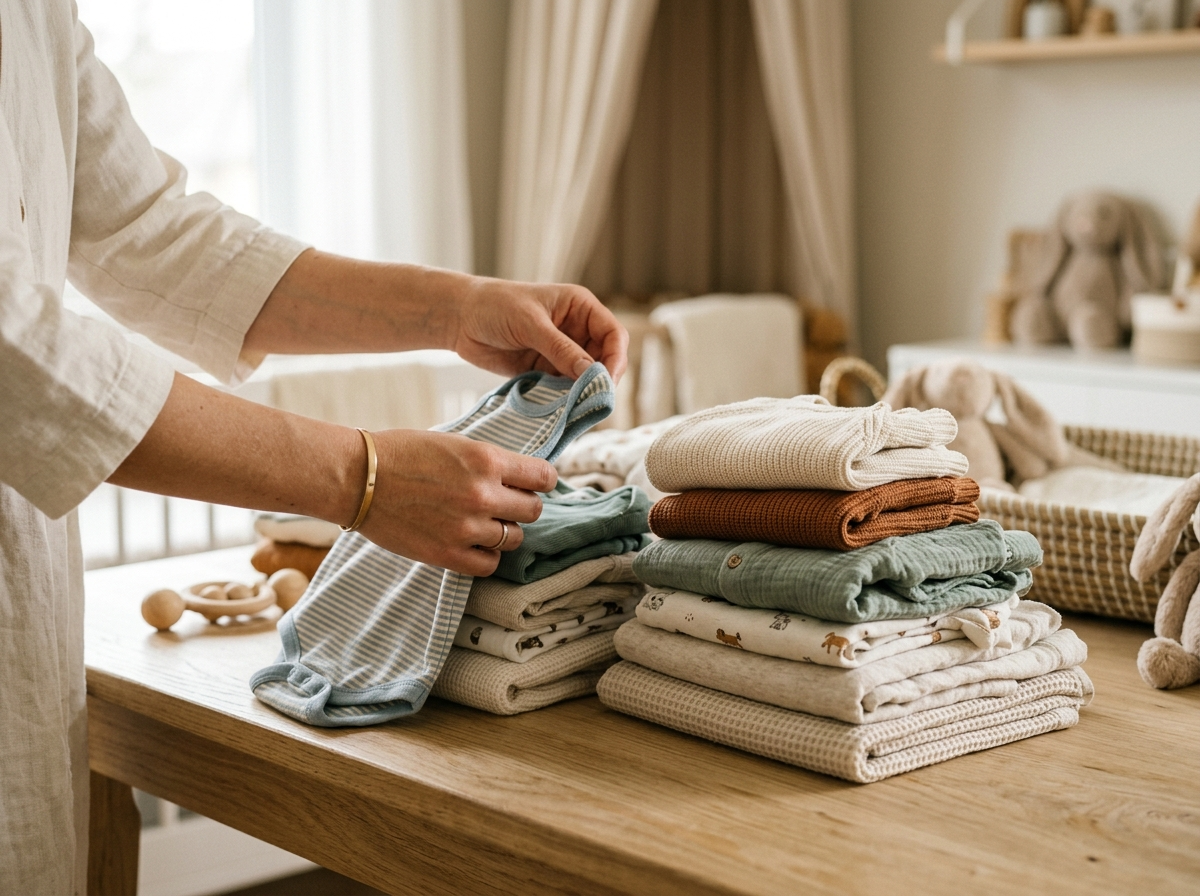 Kobiece dłonie delikatnie przeglądają starannie ułożone, wysokiej jakości ubranka niemowlęce, symbolizujące mądre zakupy.