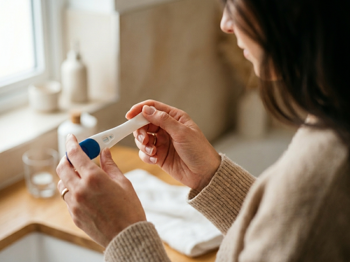 Kobieta delikatnie trzyma test ciążowy, z nadzieją obserwując jego wynik. To ważne dla rozpoznania ciąża objawy.