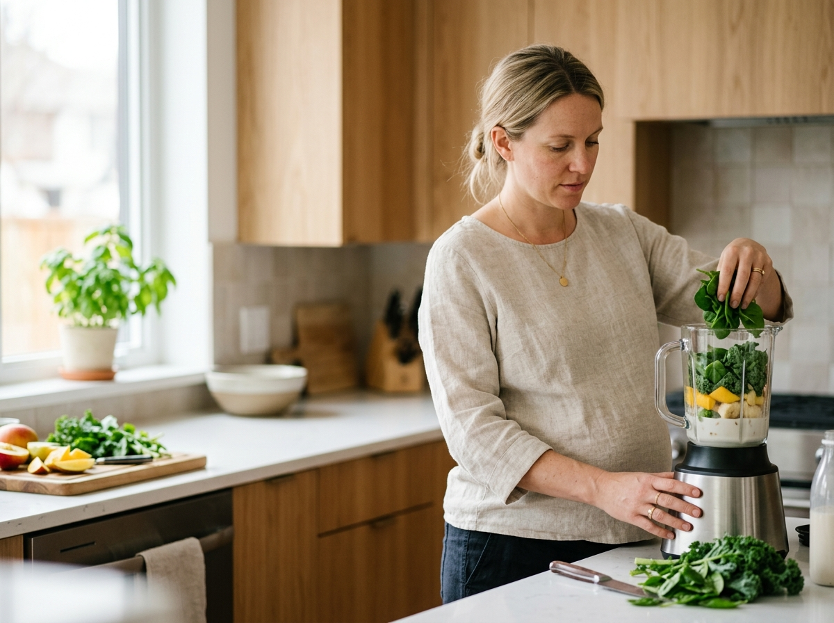 Kobieta w ciąży przygotowuje zdrowy koktajl w jasnej kuchni, dbając o świadomą dietę.
