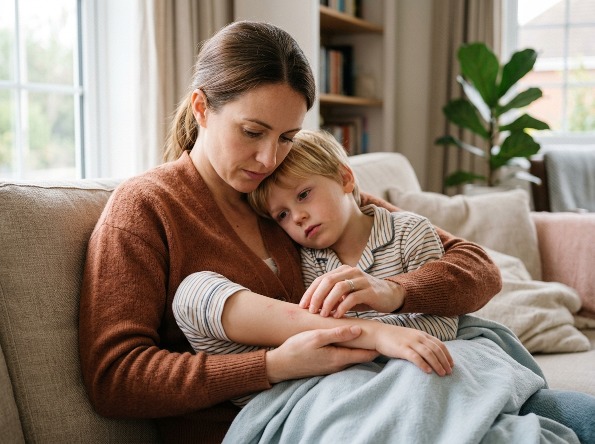 Matka delikatnie sprawdza skórę swojego dziecka w poszukiwaniu objawów ospa wysypka, z troską i uwagą.