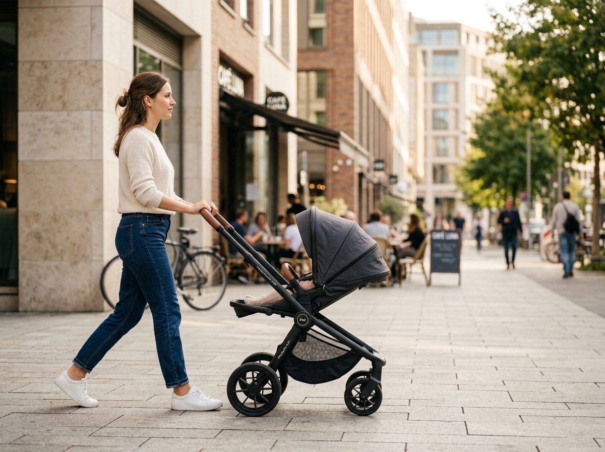 Młoda kobieta spacerująca z nowoczesnym wózkiem dziecięcym po słonecznym, miejskim chodniku, symbolizując lekkość i funkcjonalność.