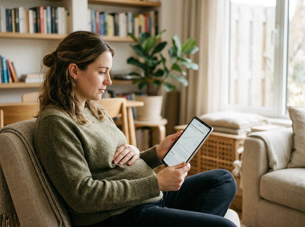 Młoda kobieta w ciąży, zamyślona, sprawdza kluczowe informacje o ciąża objawy na tablecie w ciepłym wnętrzu.