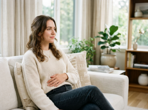 Młoda kobieta w jasnym salonie, delikatnie dotyka brzucha, rozmyślając o ciąża objawy.