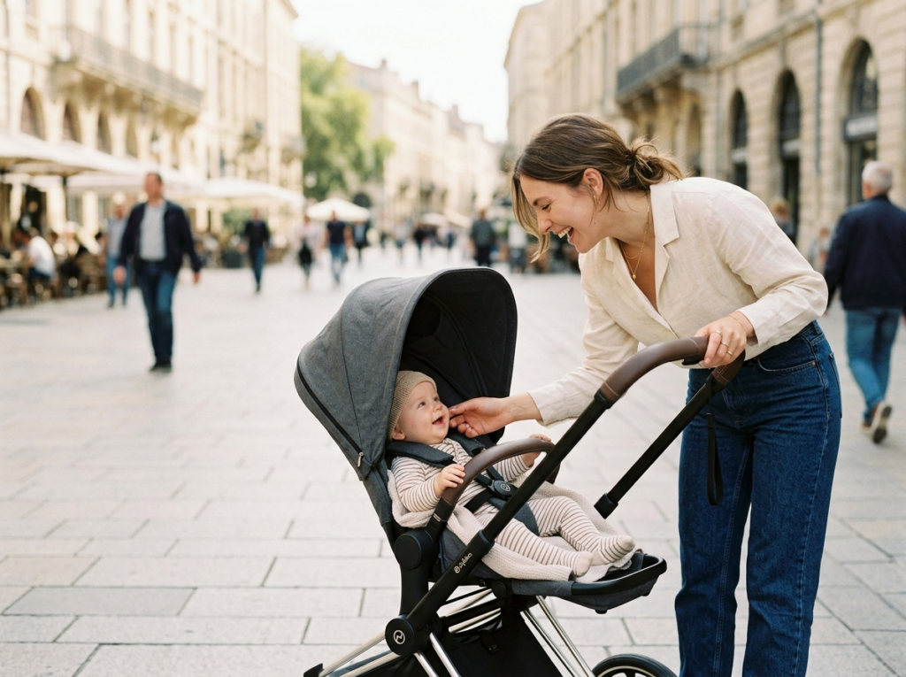 Młoda mama czule pochyla się nad dzieckiem w nowoczesnym wózku dzieciecym na spacerze.