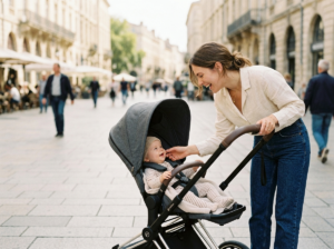 Młoda mama czule pochyla się nad dzieckiem w nowoczesnym wózku dzieciecym na spacerze.