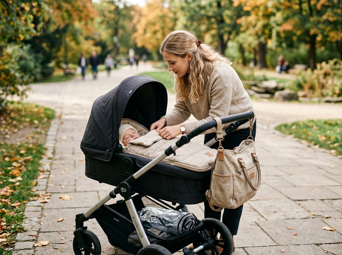 Młoda mama poprawia śpiworek dziecku w eleganckim wózku Kinderkraft Prime 2 w europejskim parku.