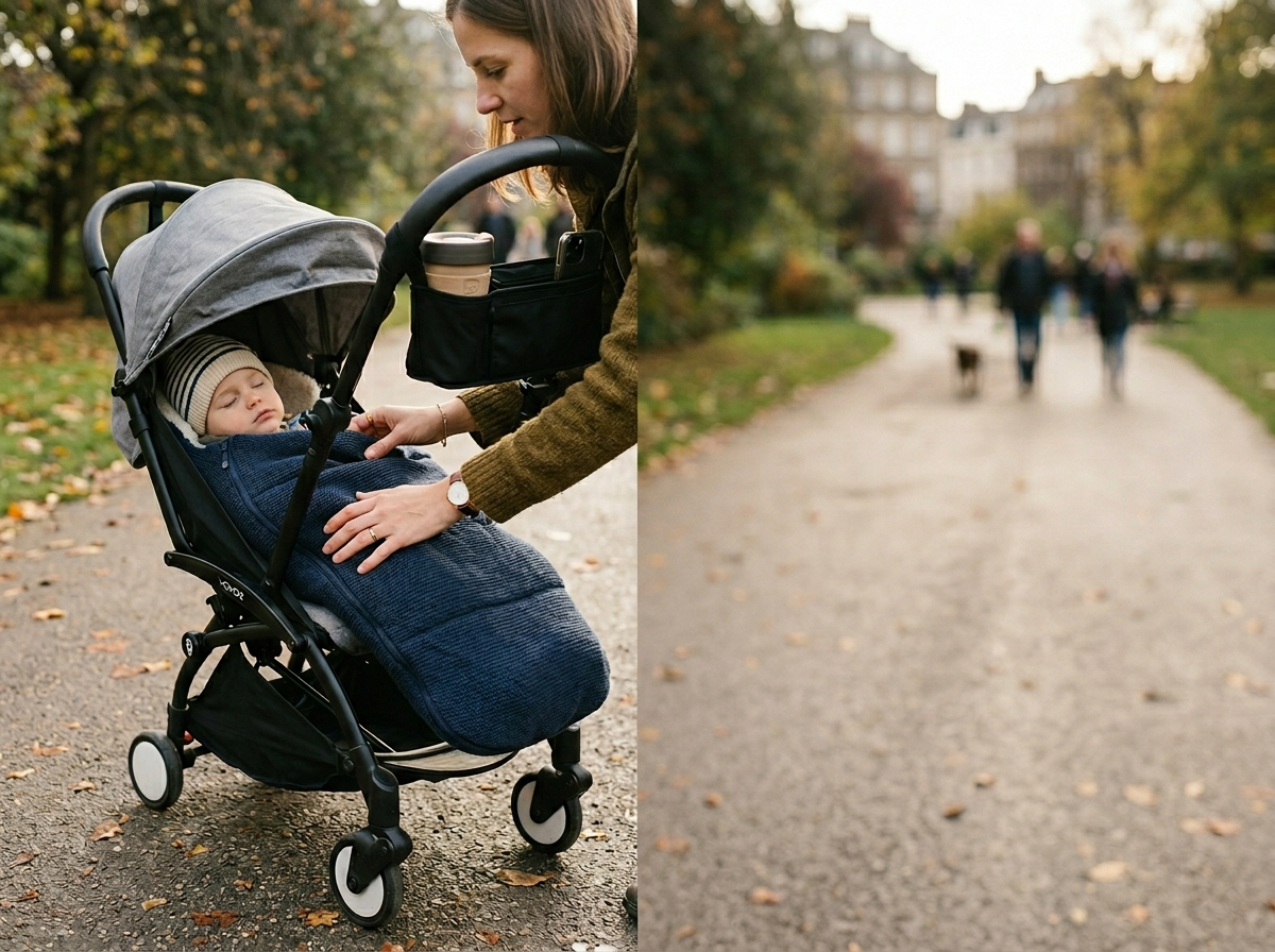 Młoda mama reguluje ciepły śpiworek w nowoczesnym wózku spacerowym, z kawą w uchwycie.