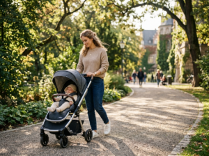 Młoda mama spokojnie pcha eleganckie wozki dla dzieci w słonecznym parku, z dzieckiem w środku.