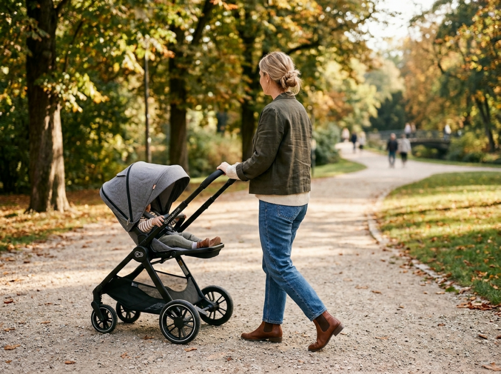 Młoda mama z klasą spaceruje z nowoczesnym wózkiem Kinderkraft w słonecznym parku miejskim.