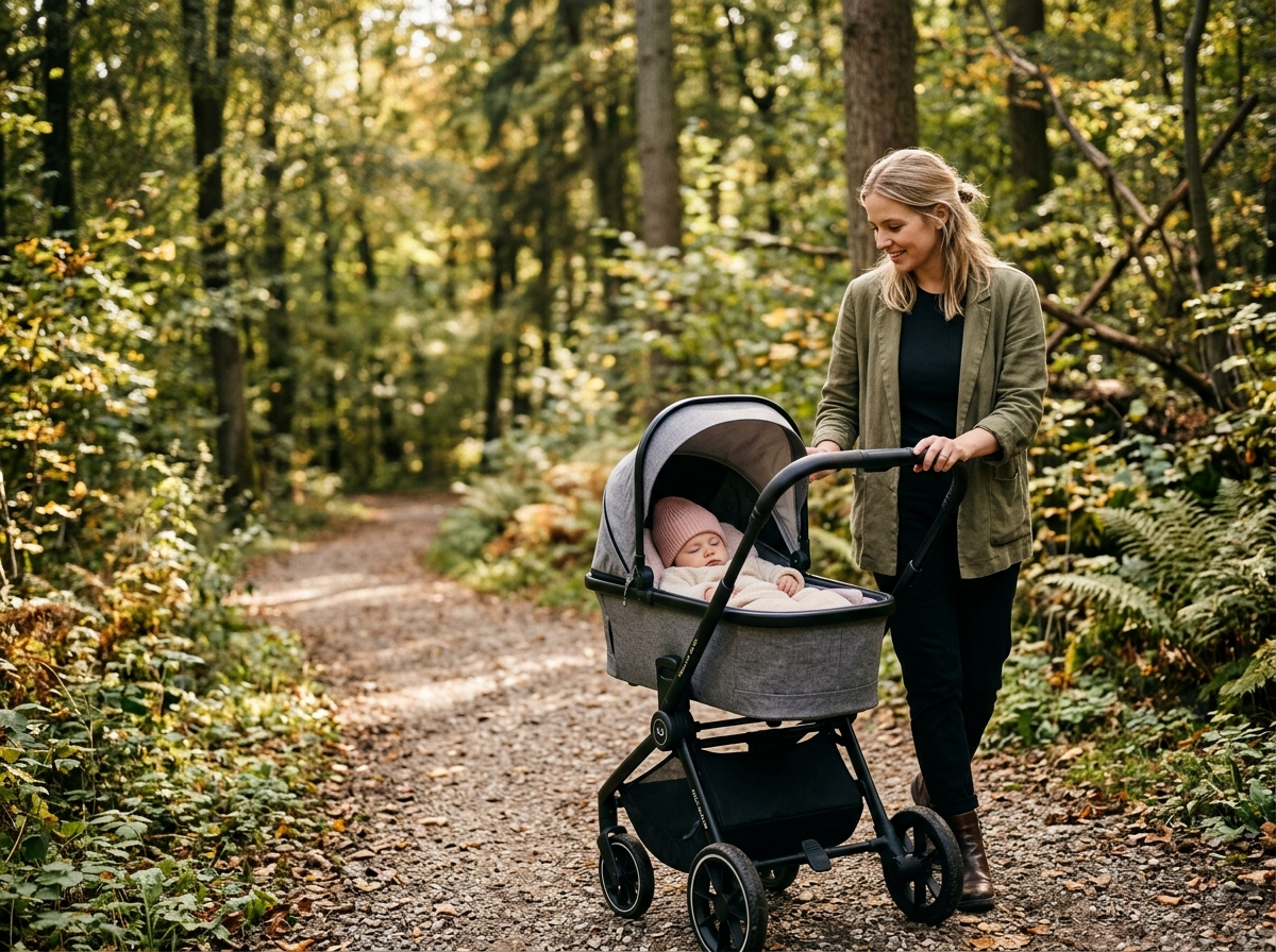 Młoda mama z wózkiem Muuvo Quick 4.0 dla dziewczynki na słonecznej leśnej ścieżce.