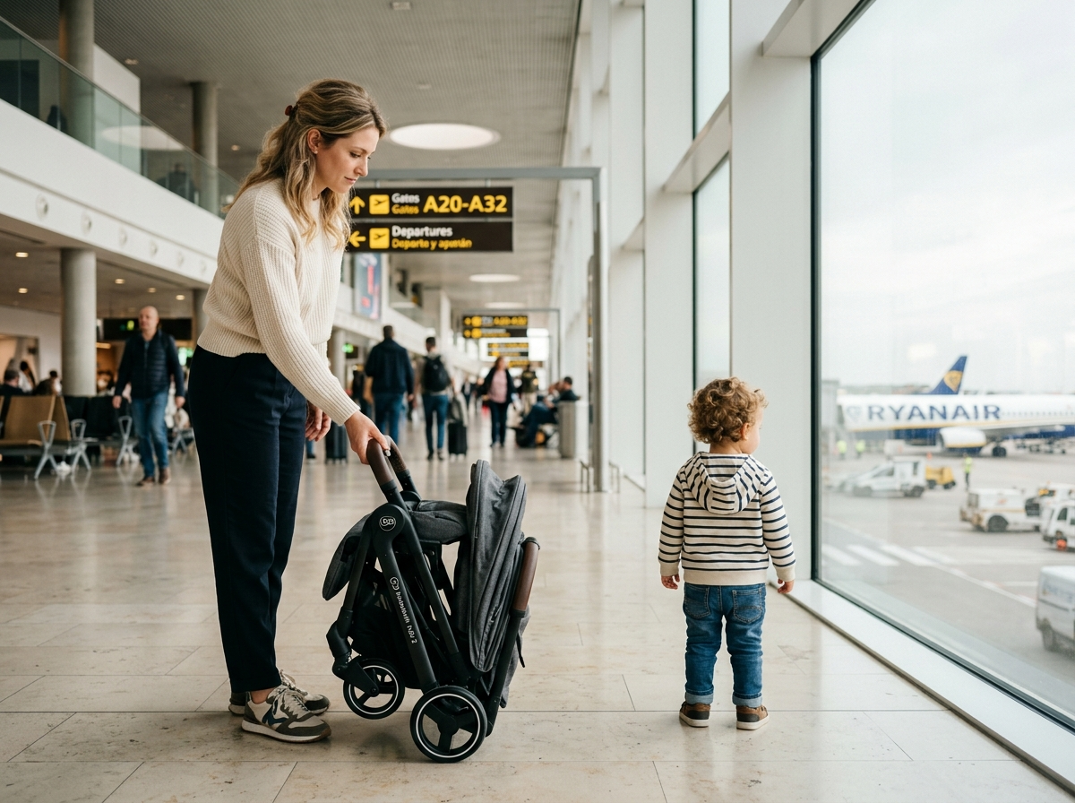 Młoda matka bez wysiłku składa wózek Kinderkraft Nubi 2 na tle lotniska, podkreślając jego lekkość i kompaktowość.