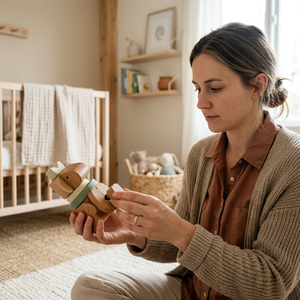 Młoda matka z uwagą ogląda drewnianą zabawkę, wybierając najlepsze produkty ze sklep dla dzieci.