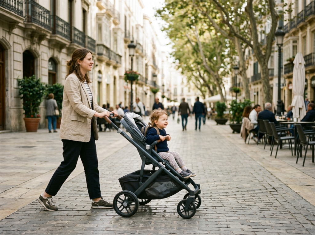 Młody rodzic spacerujący z dzieckiem w nowoczesnym wózku spacerowym po słonecznej promenadzie.