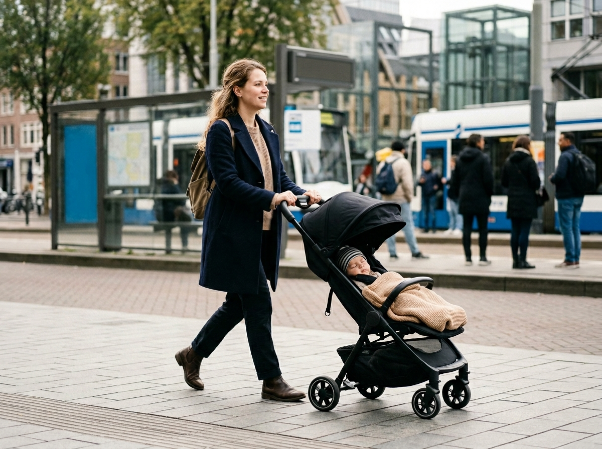 Młody rodzic z łatwością manewruje kompaktowym wózkiem dla dzieci po nowoczesnym chodniku miejskim.