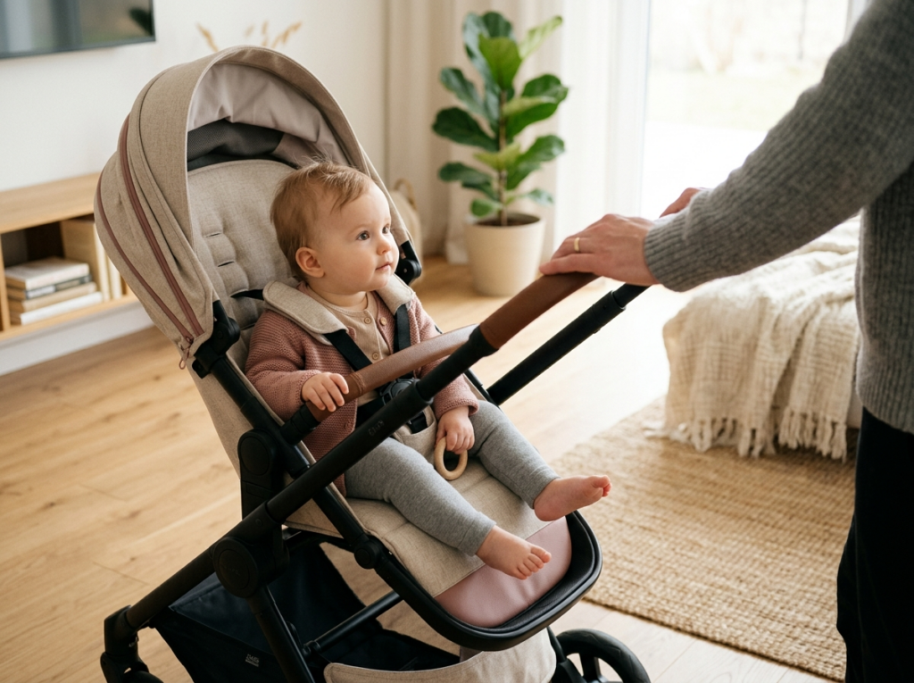 Nowoczesny wozek dla dziewczynki z siedzącą w nim spokojną dziewczynką, dłoń rodzica na rączce, w jasnym wnętrzu.