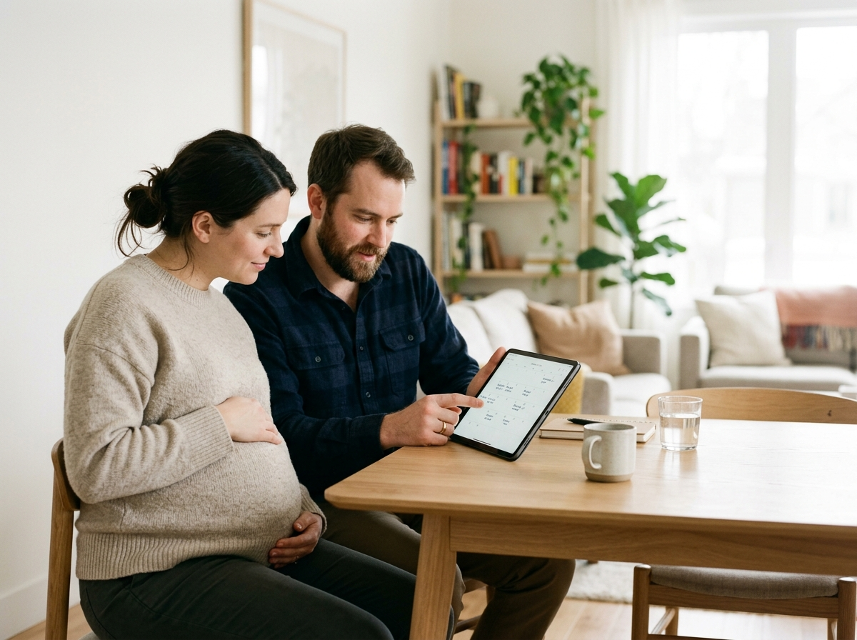 Para w ciąży wspólnie planująca budżet domowy na tablecie w jasnym, nowoczesnym wnętrzu.