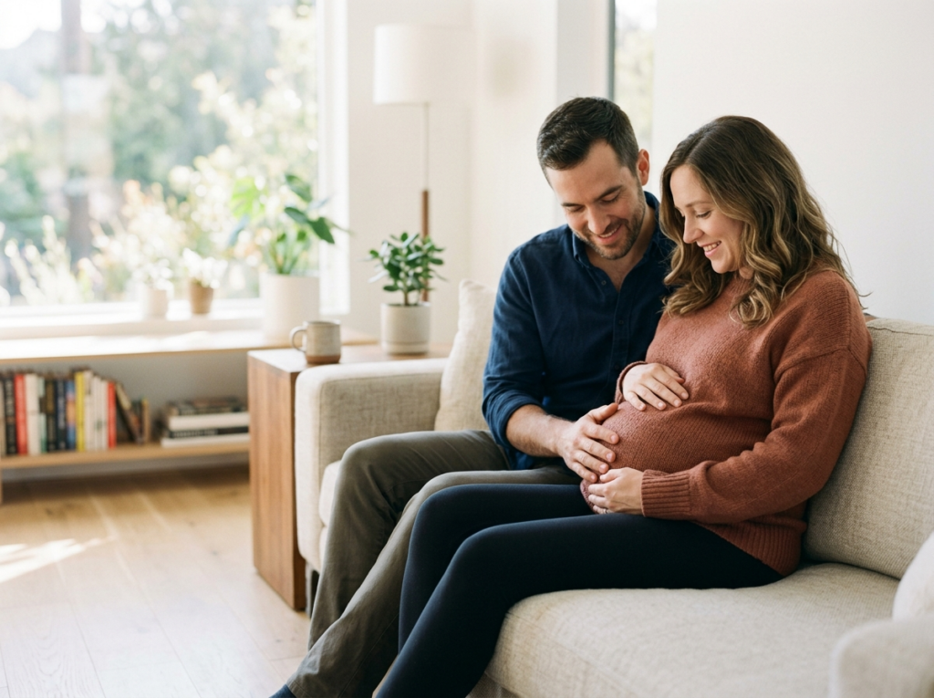 Para w czułym uścisku, dłońmi na brzuchu ciężarnej kobiety, symbolizując ciąża tydzień po tygodniu.