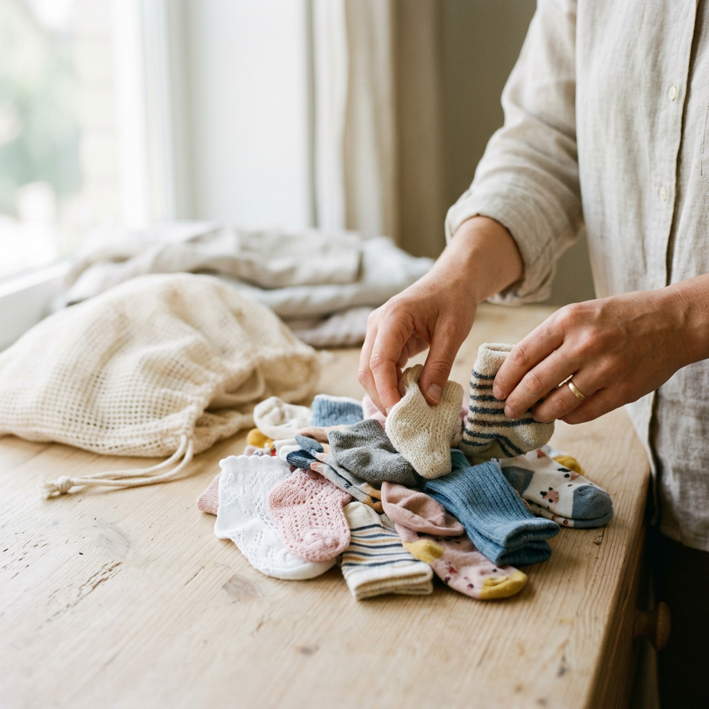 Ręce rodzica delikatnie sortujące różnorodne skarpetki dla niemowląt, od letnich ażurowych po zimowe frotte.
