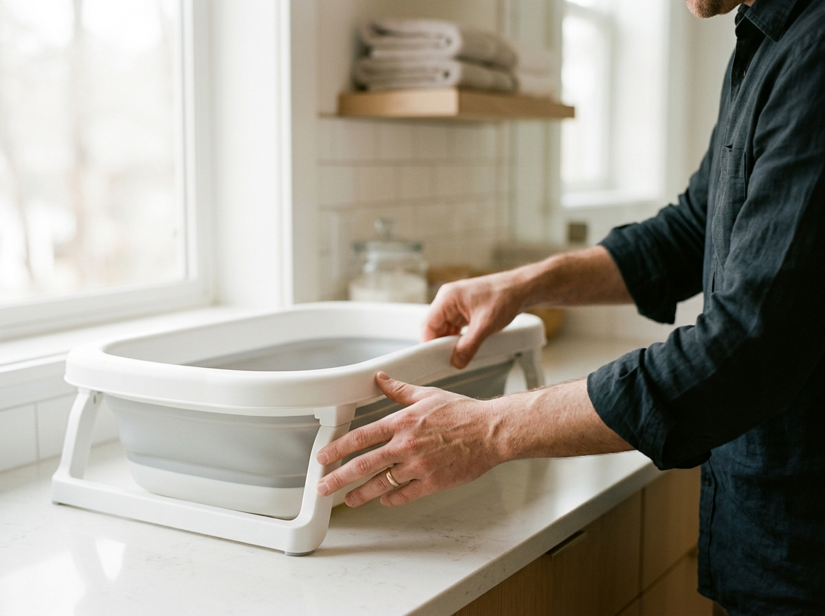Ręce rodzica rozkładające nowoczesną, składaną wanienkę dla dziecka w jasnej łazience.