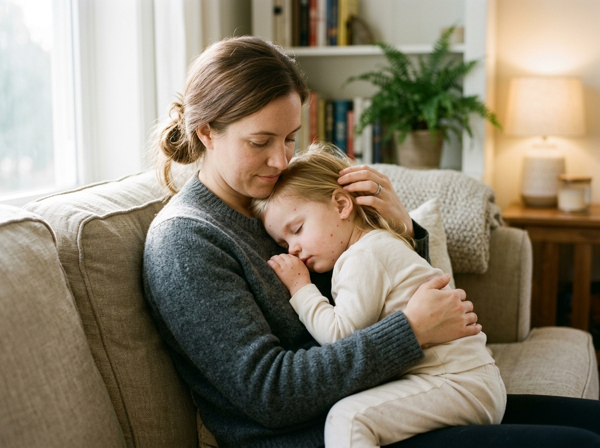 Rodzic czule pociesza spokojne dziecko z ospą, zapewniając mu komfort i wsparcie w domu.