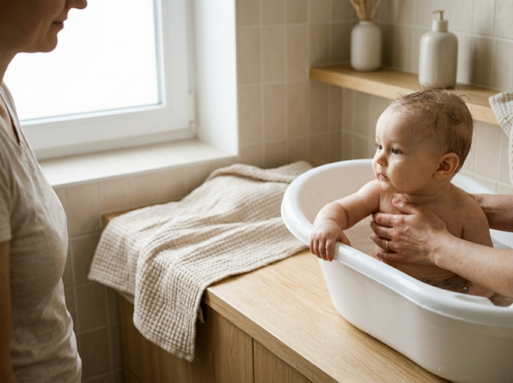 Rodzic delikatnie kąpiący niemowlę w nowoczesnej wanience dla dziecka, uchwycony w ciepłym, naturalnym świetle.