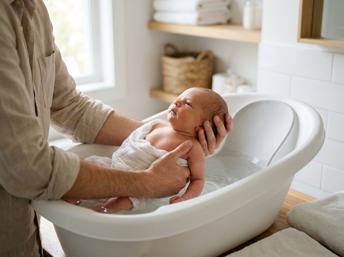 Rodzic delikatnie kąpie noworodka w profilowanej wanience do kąpieli, zapewniając bezpieczeństwo i komfort.