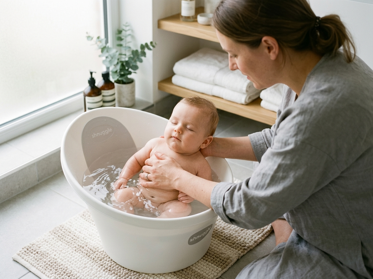 Rodzic delikatnie kąpie spokojne niemowlę w nowoczesnej wanience Shnuggle Baby, zapewniając komfort i bezpieczeństwo.