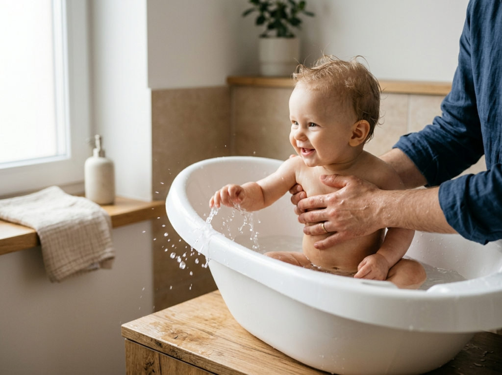 Rodzic delikatnie kąpie szczęśliwe dziecko w nowoczesnej wanience do kąpieli, w jasnej łazience.