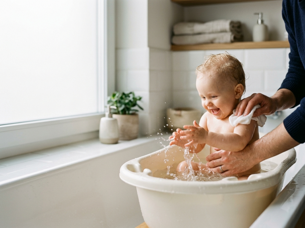 Rodzic delikatnie kąpie uśmiechnięte niemowlę w nowoczesnej wanience dla niemowląt, tworząc radosną atmosferę.