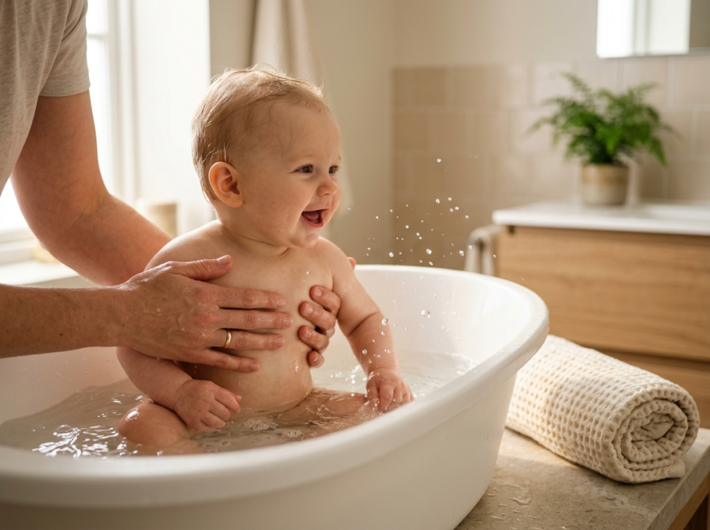 Rodzic delikatnie kąpie uśmiechnięte niemowlę w nowoczesnej wanience dla niemowląt, w ciepłym świetle.