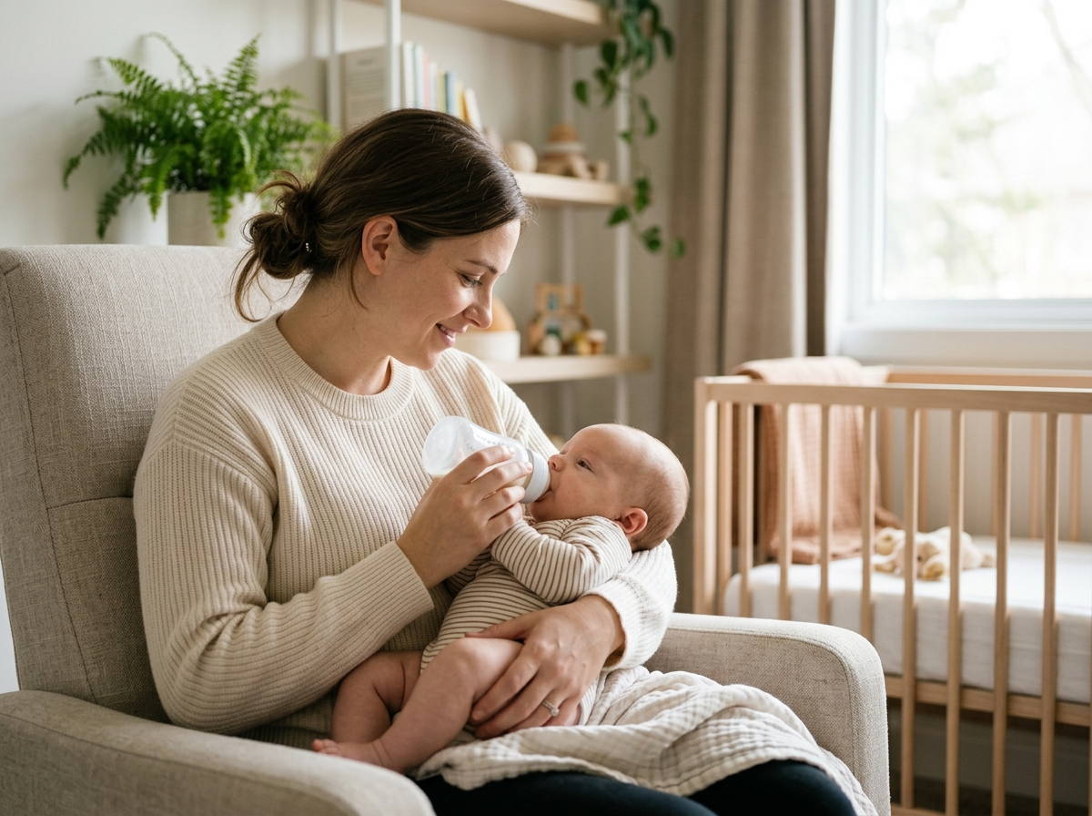 Rodzic delikatnie karmi spokojne niemowlę butelką w chłodnym pokoju, zapewniając komfort podczas ospy u niemowlaka.