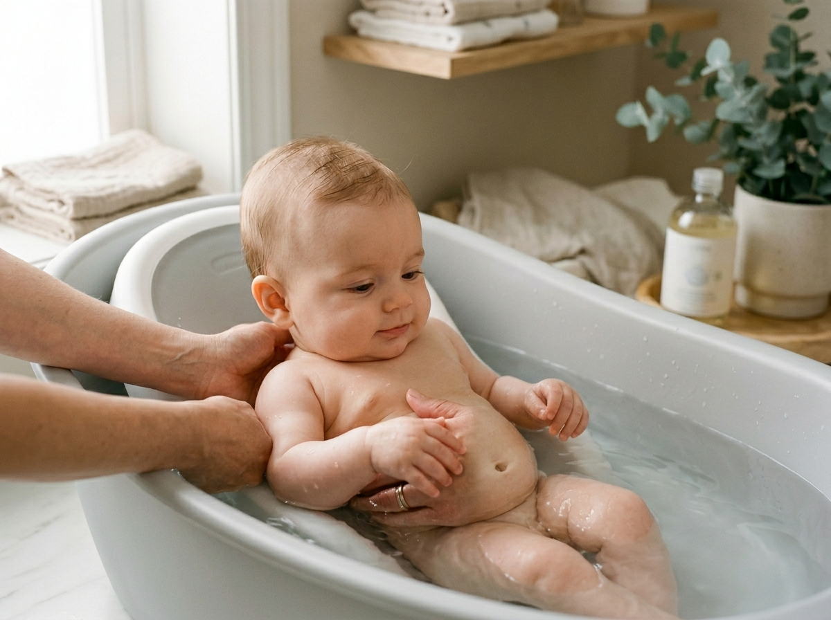Rodzic delikatnie myje spokojne niemowlę w nowoczesnej wanience dla niemowląt z profilowanym wnętrzem.