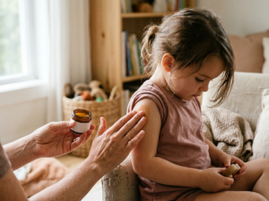 Rodzic delikatnie nakłada kojący krem na ramię dziecka, zapewniając komfort podczas ospy u dzieci.