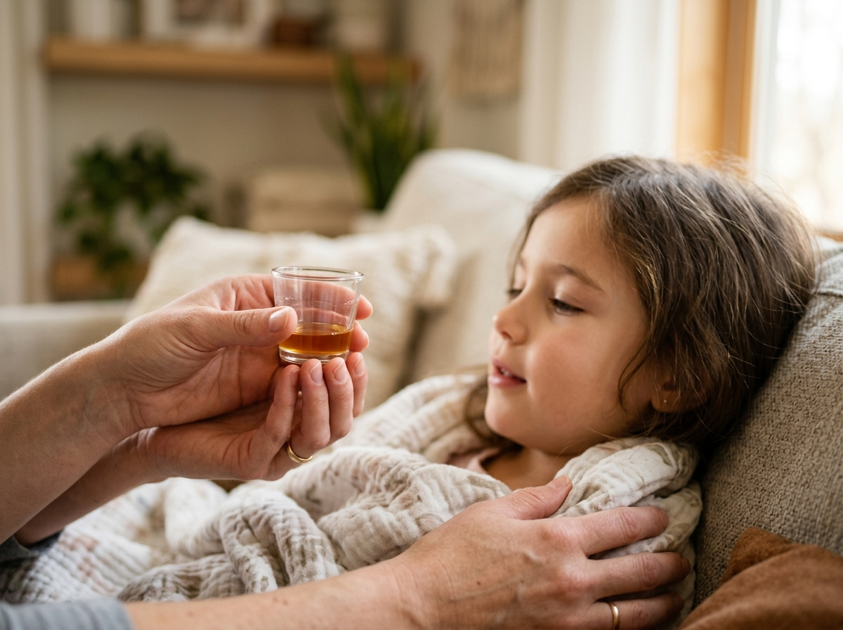 Rodzic delikatnie podający płynny lek dziecku z ospą wietrzną, w domowym zaciszu.