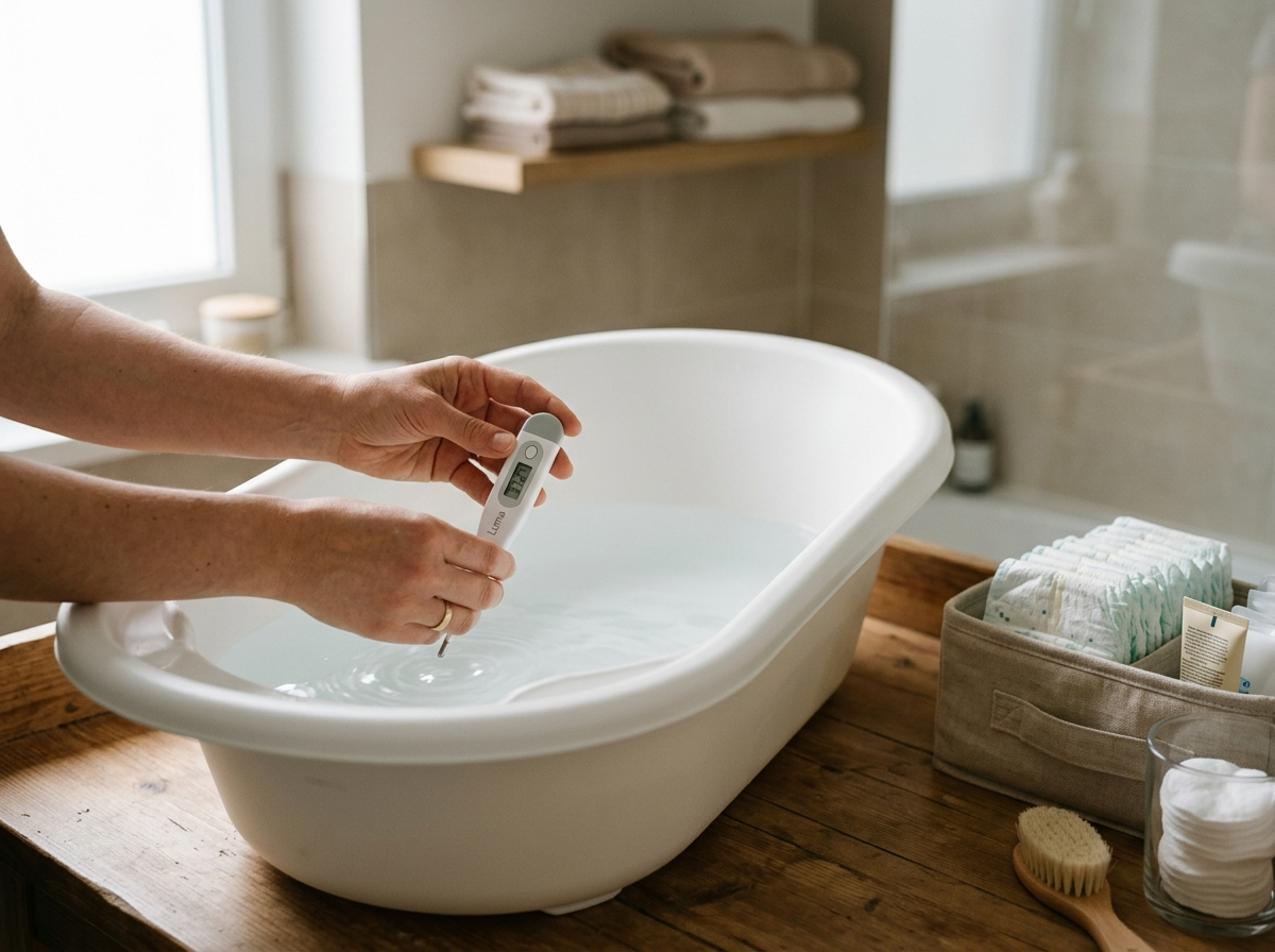 Rodzic delikatnie wkłada termometr do klasycznej białej wanienki dla niemowlaka Luma, otoczonej akcesoriami.