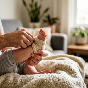 Rodzic delikatnie zakłada miękkie skarpetki dla niemowląt na małą stopkę dziecka w ciepłym domu.