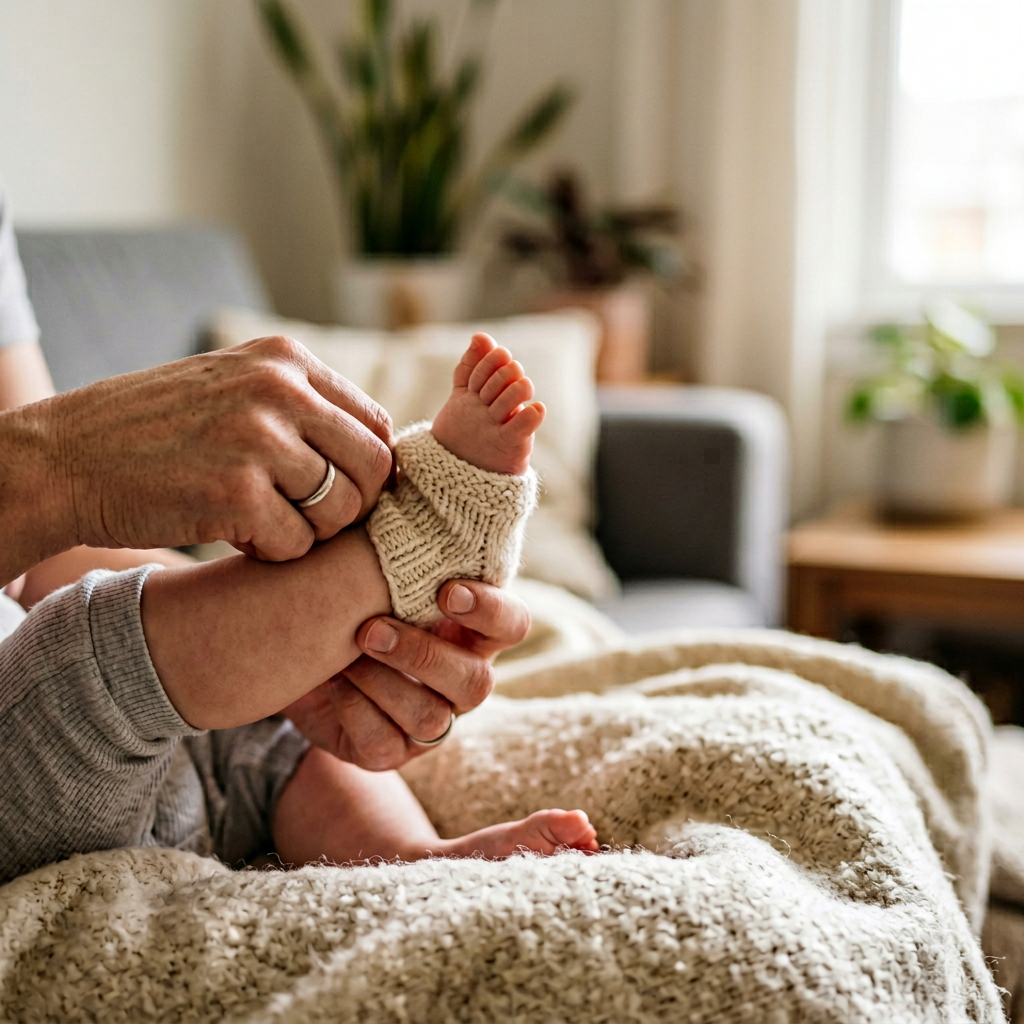 Rodzic delikatnie zakłada miękkie skarpetki dla niemowląt na małą stopkę dziecka w ciepłym domu.