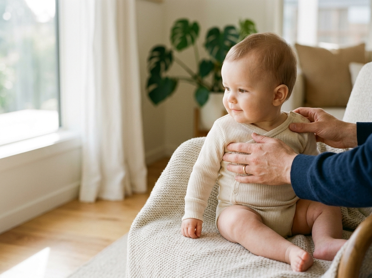 Rodzic delikatnie zakłada miękkie ubranka niemowlęce z wełny merino na spokojne dziecko przy oknie.