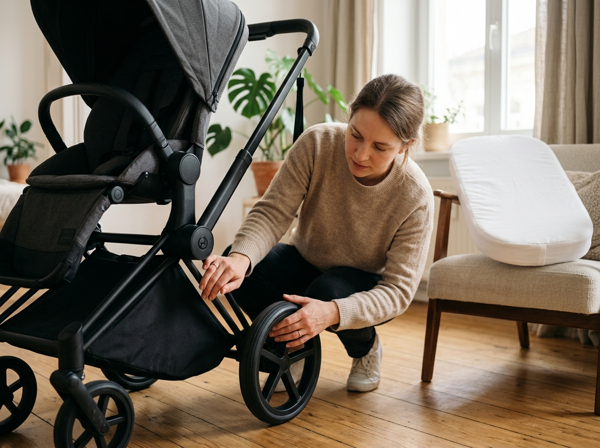 Rodzic dokładnie sprawdza używany wózek dla dzieci premium w jasnym salonie, z nowym materacykiem.