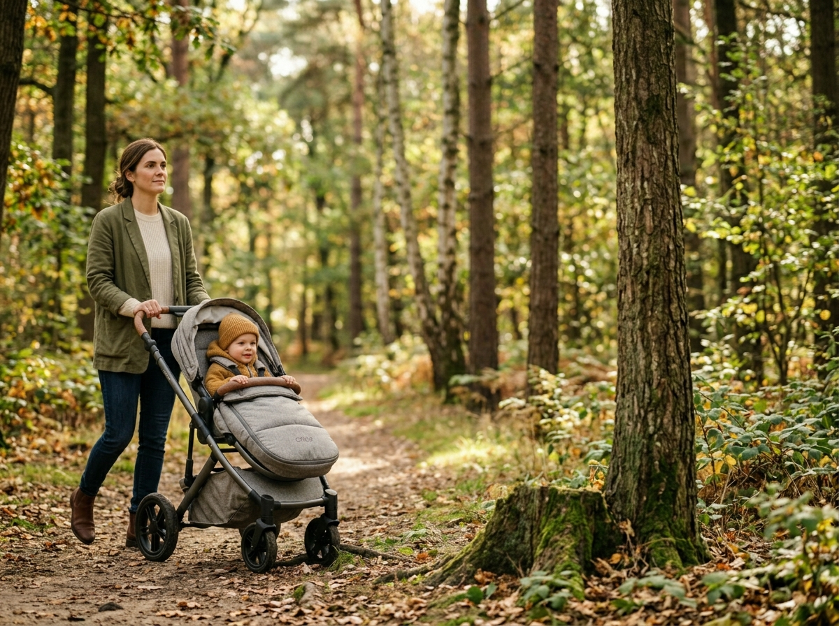 Rodzic spacerujący z dzieckiem w nowoczesnym, ekologicznym wózku dziecięcym po leśnej ścieżce.