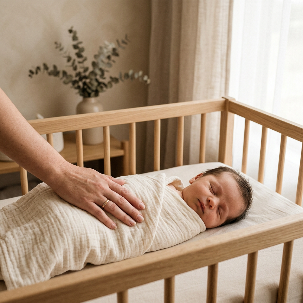 Śpiące niemowlę w drewnianym łóżeczku, przykryte bambusowym kocykiem, symbolizuje bezpieczeństwo z polskiego sklepu dla dzieci.
