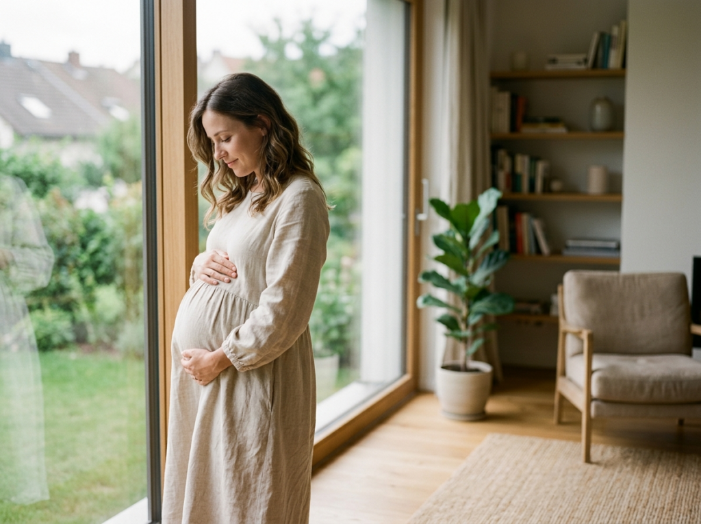 Spokojna kobieta w ciąży delikatnie dotyka brzucha, stojąc w słonecznym, nowoczesnym wnętrzu.