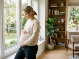 Spokojna kobieta w ciąży delikatnie dotyka brzucha, w ciepłym, naturalnie oświetlonym pokoju.