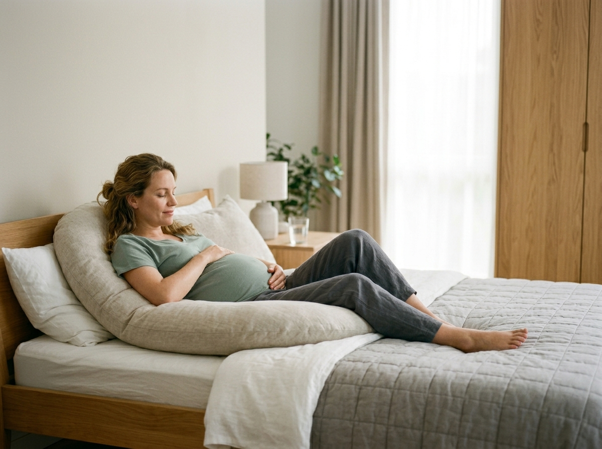 Spokojna kobieta w ciąży odpoczywająca na boku z poduszką typu rogal w jasnej sypialni.