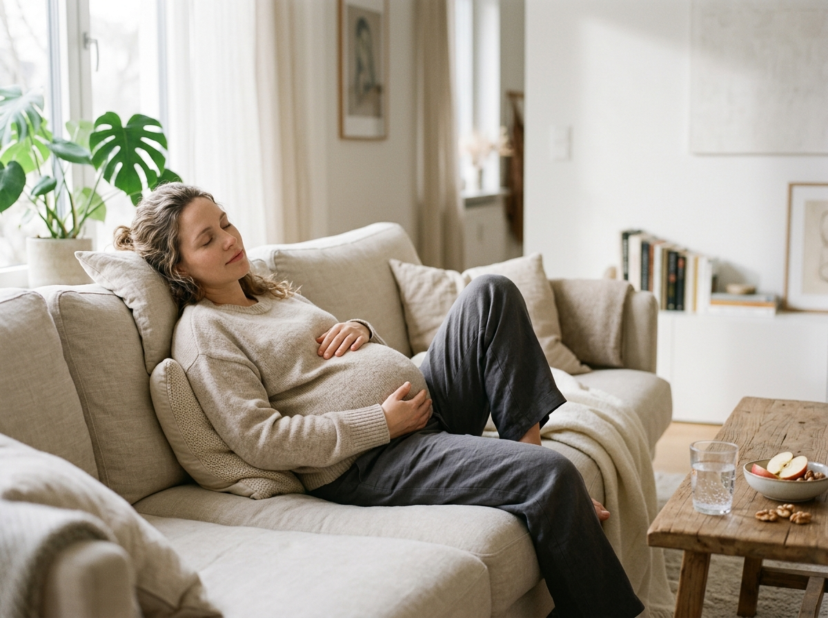 Spokojna kobieta w ciąży odpoczywająca na sofie, delikatnie dotykając brzucha.