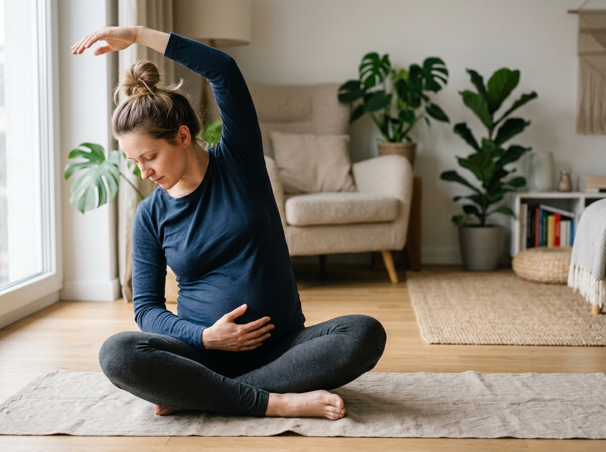 Spokojna kobieta w drugim trymestrze ciąży tydzień po tygodniu, delikatnie dotykająca brzucha podczas jogi.