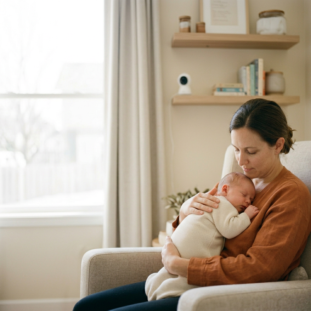 Spokojna mama delikatnie tuli niemowlę w nowoczesnym otulaczu. W tle subtelnie widać monitor oddechu, kluczowe akcesoria dla niemowląt.