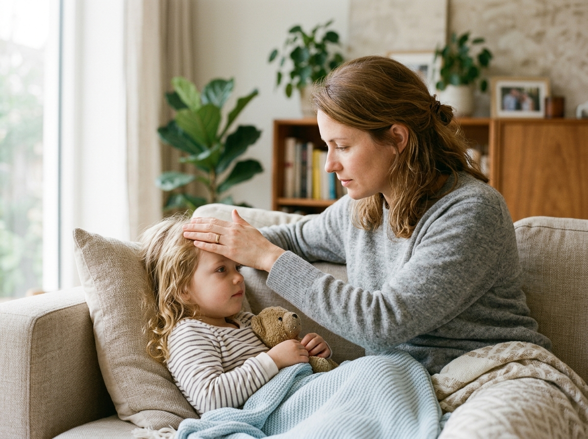 Spokojna matka ocenia stan dziecka, delikatnie dotykając czoła, ważne w kontekście jak wygląda ospa zdjęcia.
