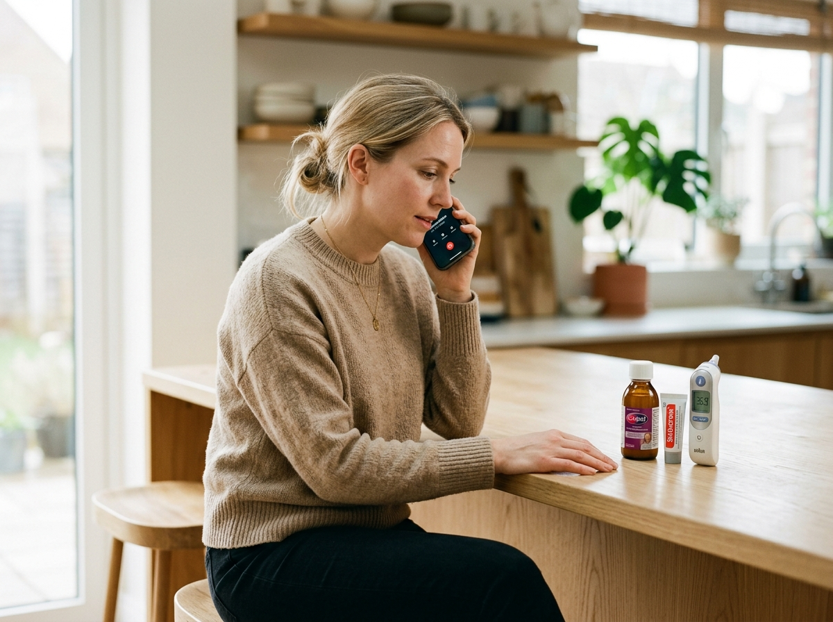 Spokojna matka podczas telekonsultacji z lekarzem, obok zorganizowane leki na ospa u niemowlaka.